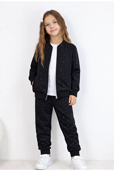 Aselin Kids طقم رياضي فاخر للفتيات مكون من 3 قطع مع تفاصيل حجرية وسحاب