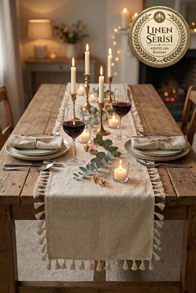 Morlay LINEN |   Covoraș de masă vintage din in - cu ciucuri în stil boem, hu...