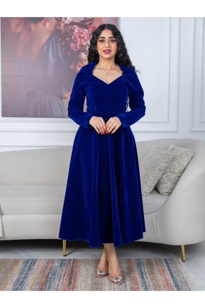 TREN Royal Blue Velvet Maxi Dress Long Sleeve V-Neck Winter Evening Gown Plus...