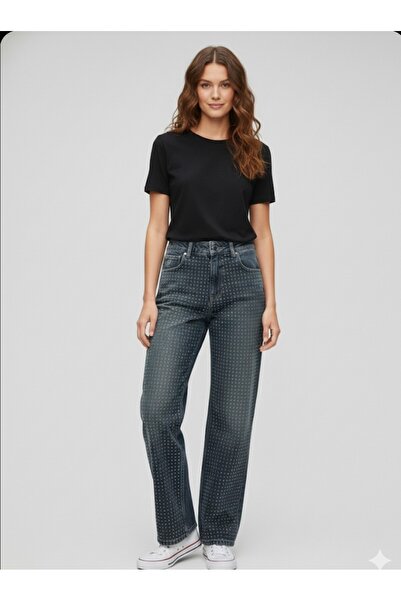 ARDSU Pantaloni de damă, gri antracit, cu broderie în piatră, cu talie înaltă...