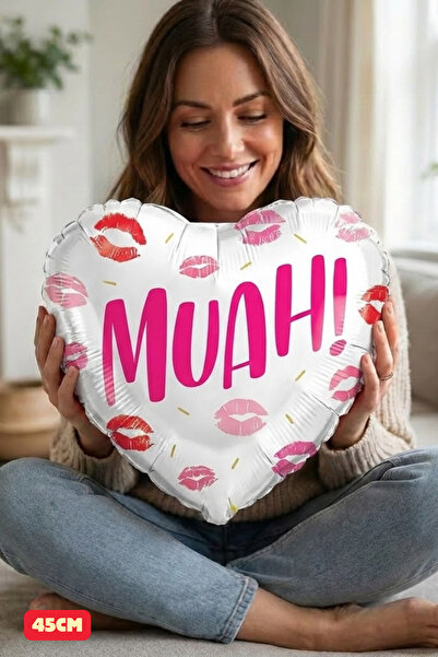 Baloncu Dede Muah Yazılı Öpücük Desenli Kalp Folyo Balon Sevgililer Günü Sürp...