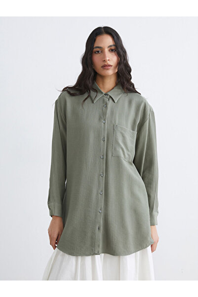 LC Waikiki Lcw Modest Khaki Textured Oversize Women's Shirt Tunic