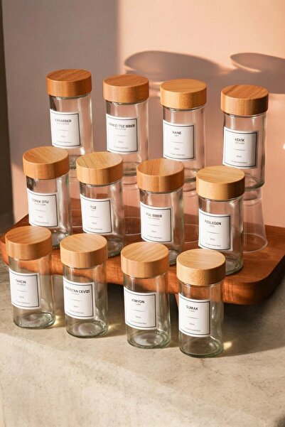 Coş Ev Mutfak Bambu Kapaklı 12'li Cam Baharatlık Seti 16 Etiket Hediyeli