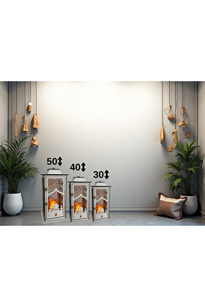 BİRİZ LAZER İslami Motifli Ahşap Dekoratif Fener Seti 3’lü