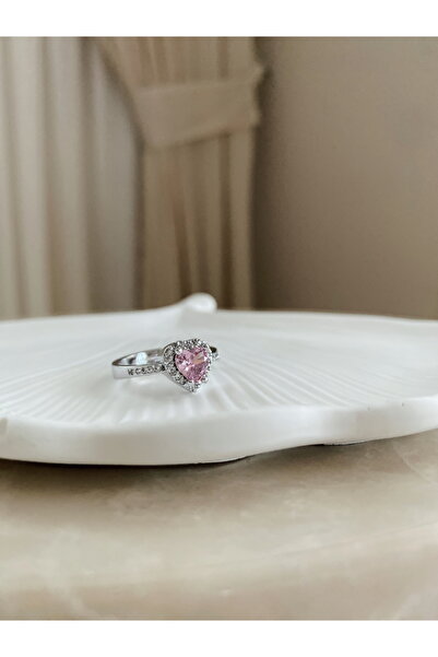 SUAY JEWELRY Ayarlanabilir çelik pembe kalpli yüzük