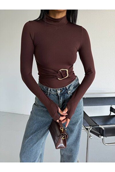 Evim Sepeti Turtleneck Black Bodysuit with Metal Buckle Detail - Gathered Design