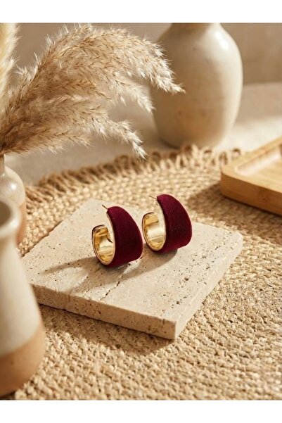 Mengüer 14 Ayar Altın Kaplama Çelik Bordo Süet Dokulu Kalın Halka Küpe (30 mm)