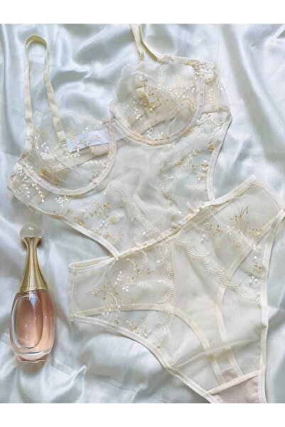 Pamiora Floral Brode Nakışlı Transparan Tül Balenli Bodysuit - B Kap