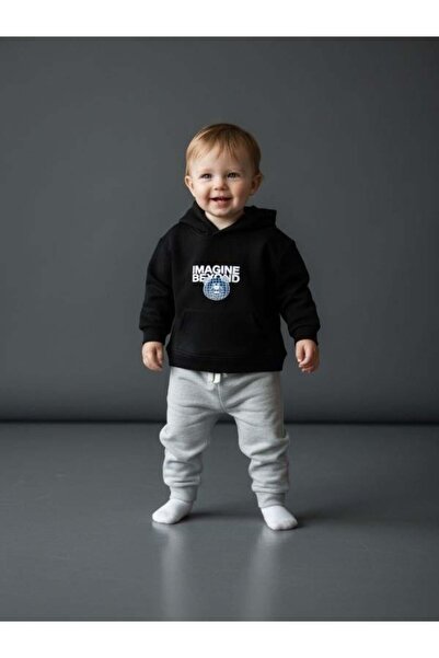 Zekids Boy's Teddy Bear Patterned Hooded Tracksuit Set
