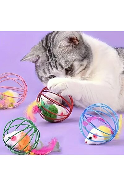 sanal trend 2 Pieces 6 cm Caged Colorful Cat Dog Play Ball with Mouse for Pup...