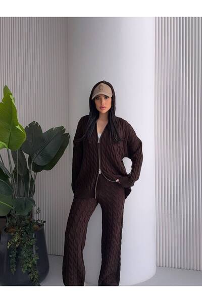 Lovely butik Women's Hooded Hair Braid Double Zipper Viral Knitwear Set