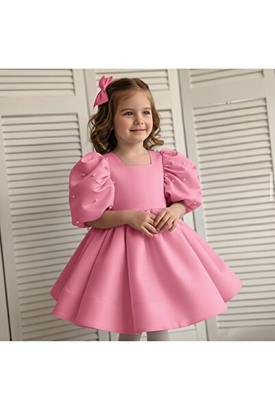 Asel Kids Rochie mini pentru fetiță, cu mâneci balon, cu detalii de perle