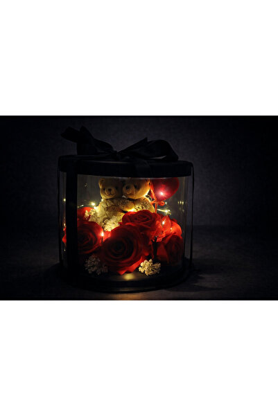 Bijou Noir Işıklı Ayıcıklı Kutu Aranjmanı – Romantik Özel Gün Hediyesi