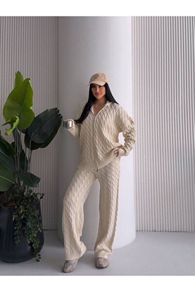 Lovely butik Women's Hooded Hair Braid Double Zipper Viral Knitwear Set