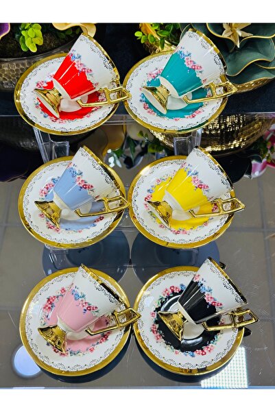 EVRA 6 Kişilik 12 Parça Renkli Ayaklı Porselen Fincan Takımı