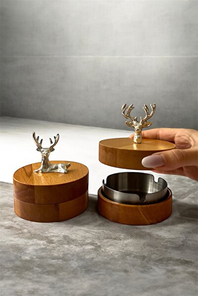 GİSVOL Set of 2 Wooden Deer Figurine Ashtrays with Lid, Decorative Ashtray wi...