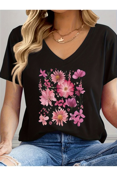 mercoledi Flower Printed Regular Relaxed Fit V-Neck T-Shirt