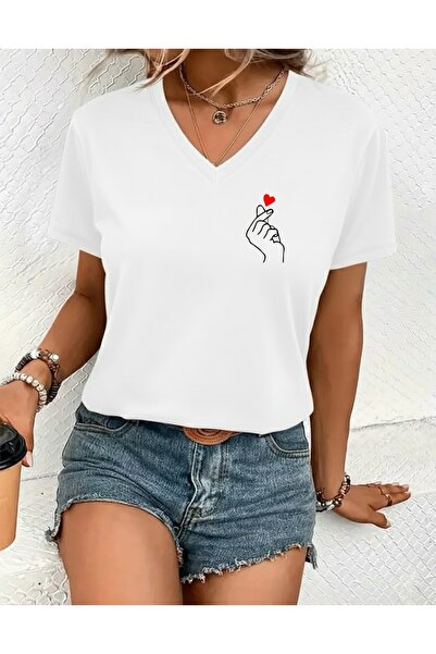 FUFLUNS Hand and Heart Printed Women's Oversize V-Neck T-Shirt