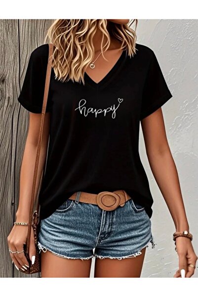 FUFLUNS Happy Heart Printed Women's Oversize V-Neck T-Shirt