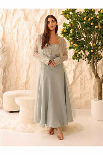 IKKXA طقم أنيق مكون من قطعتين بأكمام شفافة فاخرة وتفاصيل ترتر