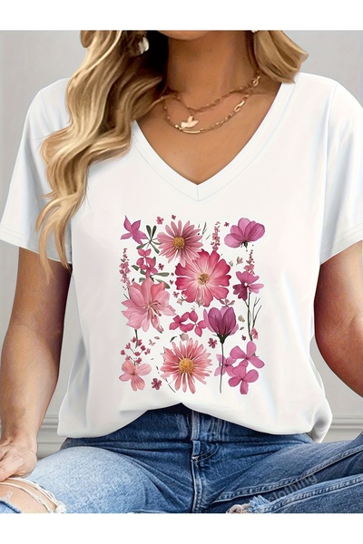 mercoledi Flower Printed Regular Relaxed Fit V-Neck T-Shirt