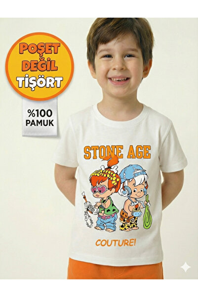 LİTTLE TORTOİSE Stone Age Printed 100% Cotton Boys T-Shirt and Shorts Set