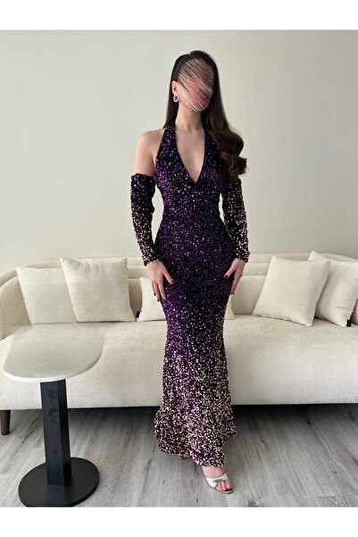 TOP BERLANTY Violet Glow Evening Dress - Gold Purple Velvet Sequins