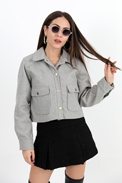 VELİZADE Women's Gray Polo Collar Short Model Lined Jacket with Snap Closure