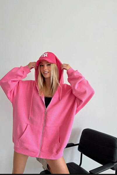 Perry Boutique Kadın Oversize 3 İplik Fermuarlı Kapüşonlu Hırka-Sweat