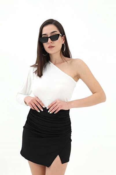 VELİZADE Fustă mini neagră de damă, cu talie înaltă, cu șnur/draperie, cu tal...