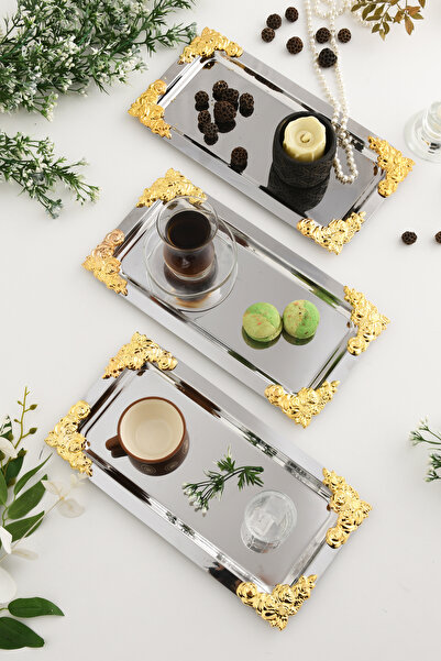 AKSESUAR EVRENİ Molisi Silver 3-Piece Gold Ornament Detailed Boat-Shaped Coff...