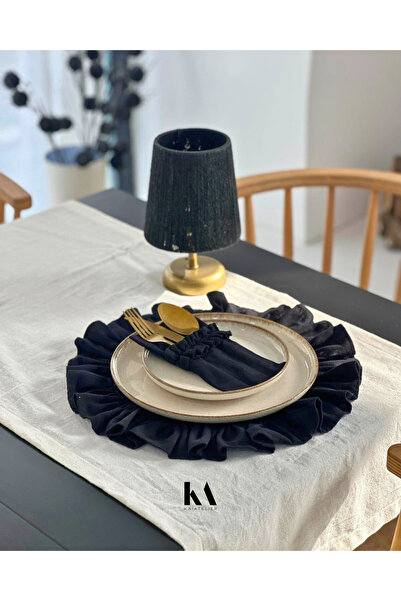 KaiAtelier 4-Piece Dark Linen Ruffle Detailed American Tablecloth/ Napkin