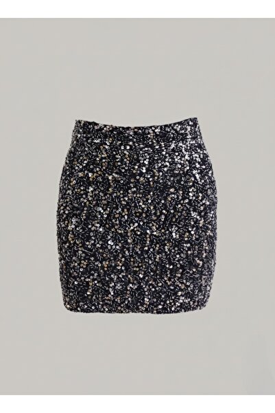 AURA Si̇lva Pul Beaded Detail Velvet Mini Skirt
