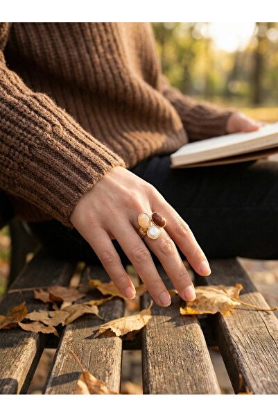 Snartun Beige Brown Pearl Look Stone Gold Women's Ring |   Special Boxed