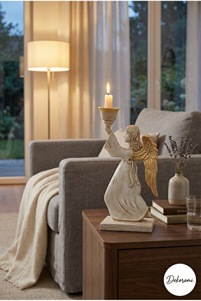 Tual Hobi Sanat Dekoratif Kanatlı Melek Kız Şamdan & Mumluk (26x15cm) Ev Ofis...