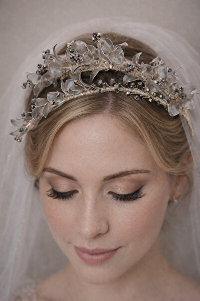 Limelia Anthracite Gray Crystal Stone Floral Bridal Crown Henna and Engagemen...