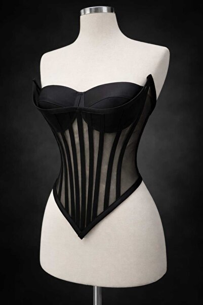 FİYPER Black Transparent Underwire Corset Bustier Ready Size