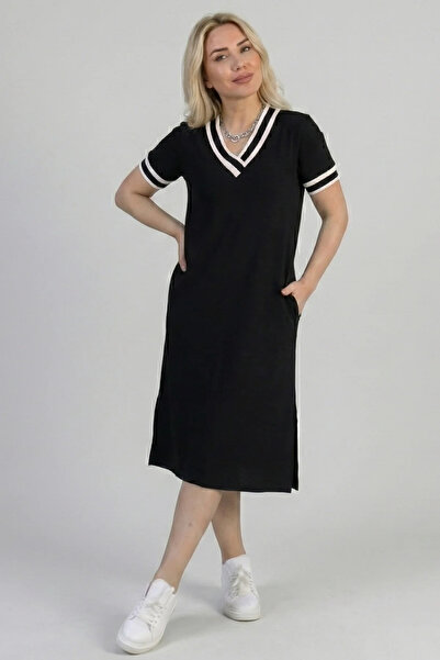 bysoca Women's Black V-Neck Short Sleeve White Stripe Pocketed Slit Relaxed F...