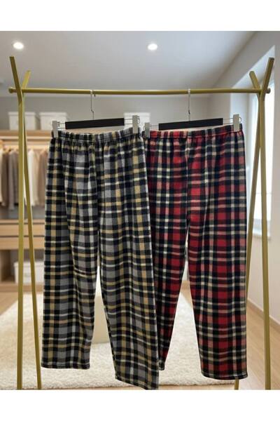 HAVVA HOME Erkek Kadın (Unisex) Ekose Desenli Kareli Polar Pantolon Çift Komb...
