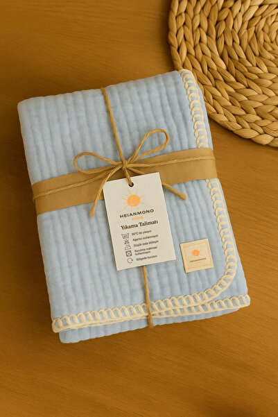 Heianmono Kids 4 Layer Shepherd's Stitch Light Blue 100% Cotton Muslin Baby B...