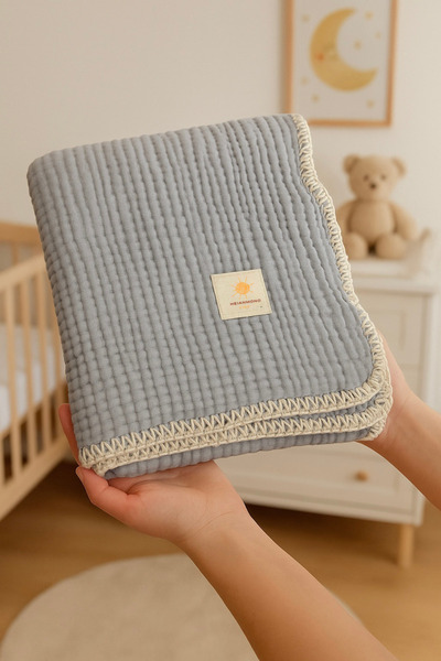 Heianmono Kids 4 Layer Shepherd's Stitch Gray 100% Cotton Muslin Baby Blanket...