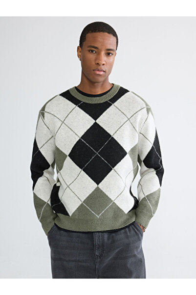 LC Waikiki Green Crew Neck Diamond Patterned Men's Knit Sweater