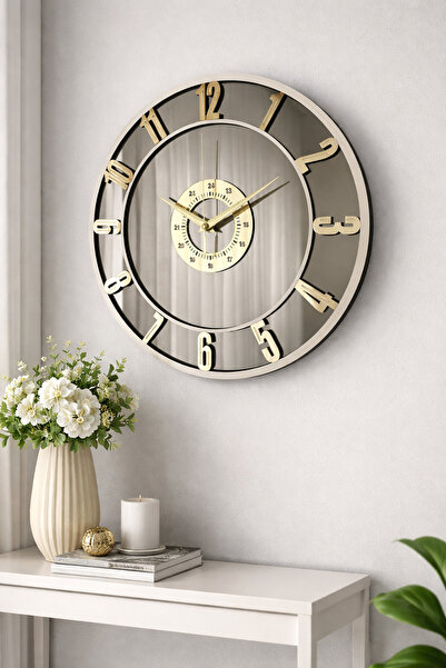 EYKA STORE Aynalı Duvar Saati Gümüş Ayna Beyaz Ahşap Gold Rakam Detay