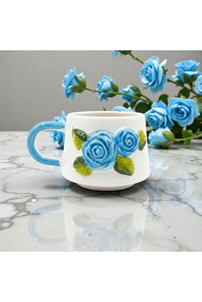 İlbay Çini Takı Embossed Blue Color Rose Mug Cup