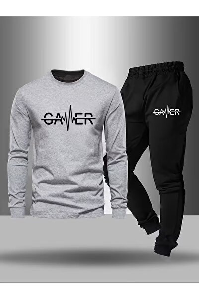 Massgai Unisex Gamer Ritim Printed Crew Neck Oversized Bottom-Top Jogger Cott...
