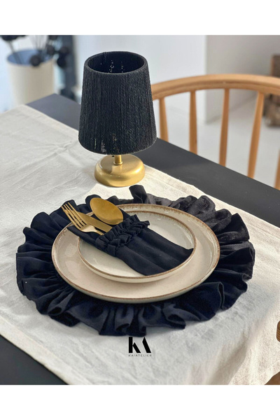 KaiAtelier 2-Piece Dark Linen Ruffle Detailed American Tablecloth/ Placemat
