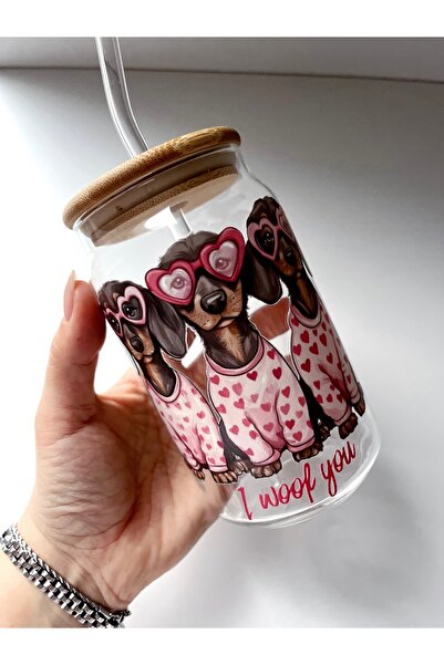 Rolin Design Köpek Baskılı Bambu Kapaklı Pipetli Bardak 500Ml-Junior