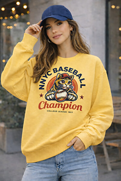 ArtYus Baseball Cat Printed Relaxed Fit Fleece-Lined 3 Thread Crewneck Sweats...