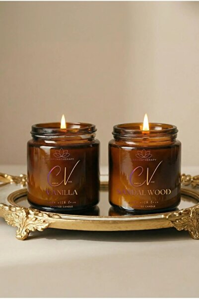 Candle Vase 2’li Amber Cam Kavanoz Aromaterapi Mum Seti Vanilya & Sandal Ağac...