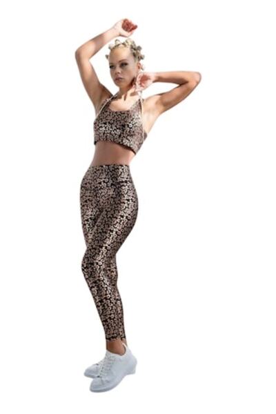 MIMI DANCE - Shiny Leggings with High Waist and Black-Gold Animal Print